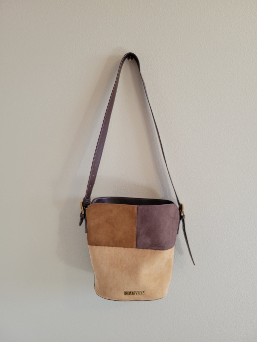Steve Madden Patchwork Suede Bucket Bag in Brown and Taupe